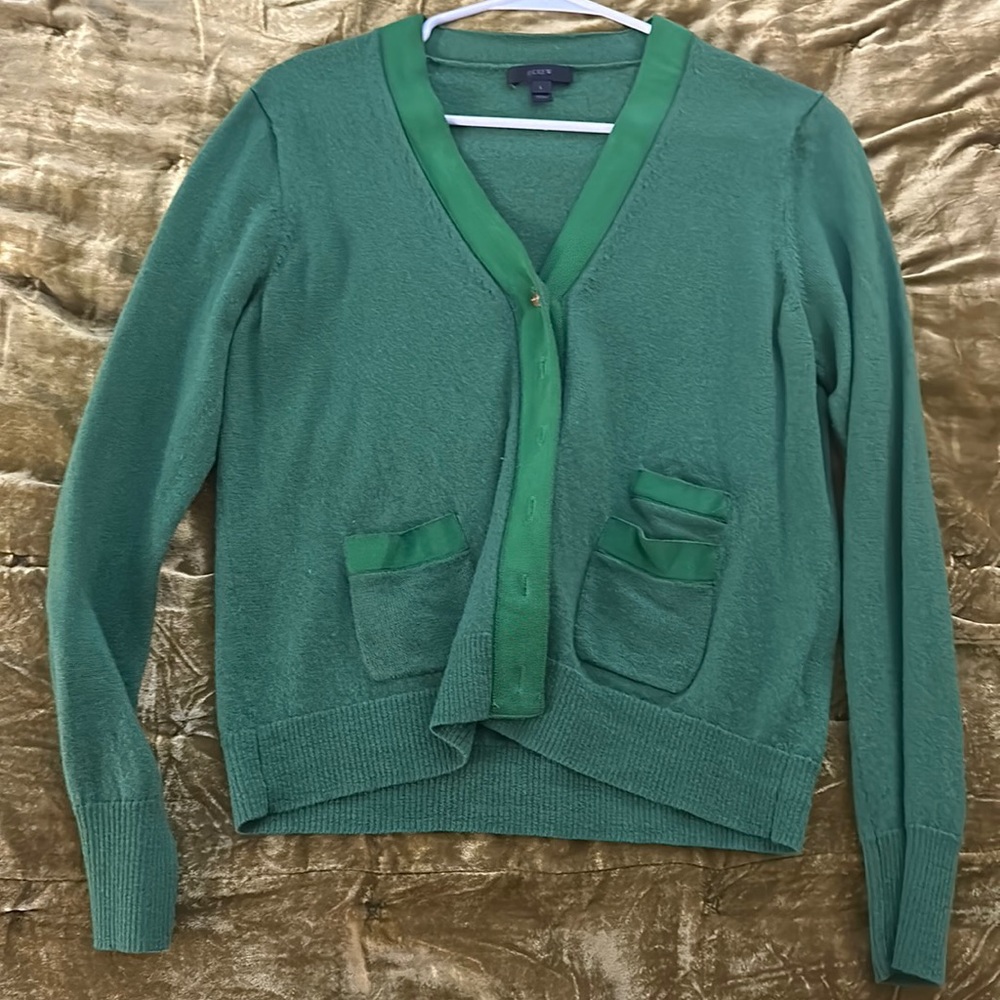 J Crew wool green sweater with gold buttons